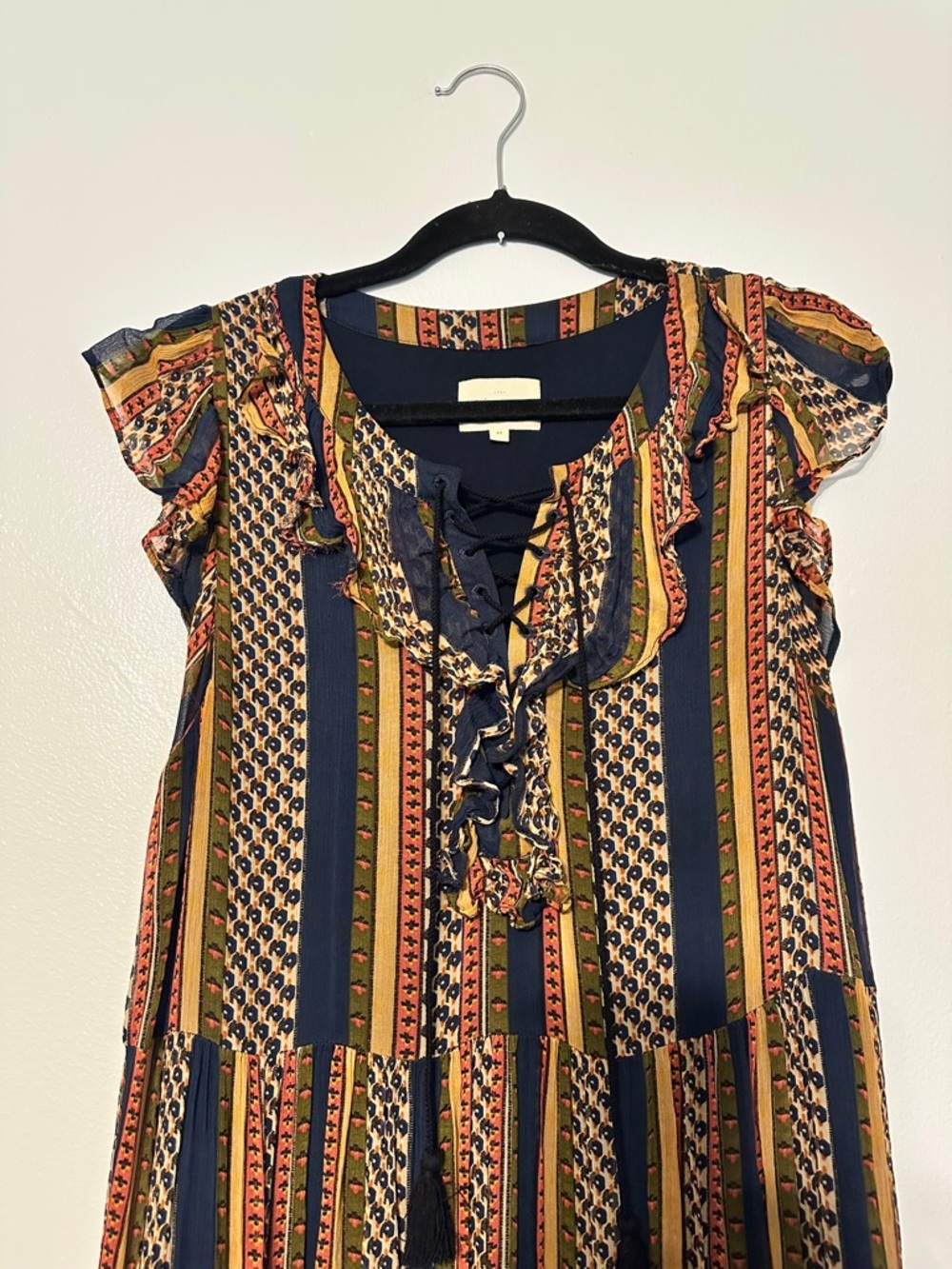 Sezane Dolores Lace Up Sleeveless Ruffle Maxi Dress in Maya Stripe Size 8 - Picture 5 of 10